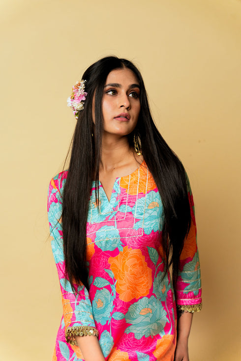 Bageecha Asymmetrical Kurta Set, Pink