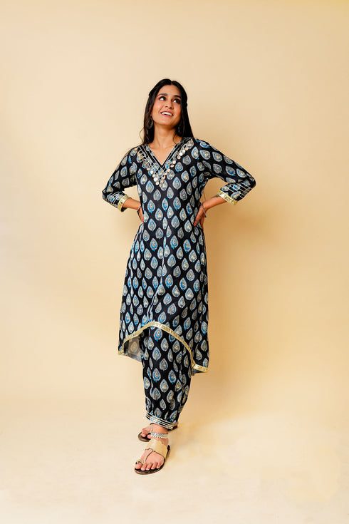 Ajrak Print High-Low Kurta Set