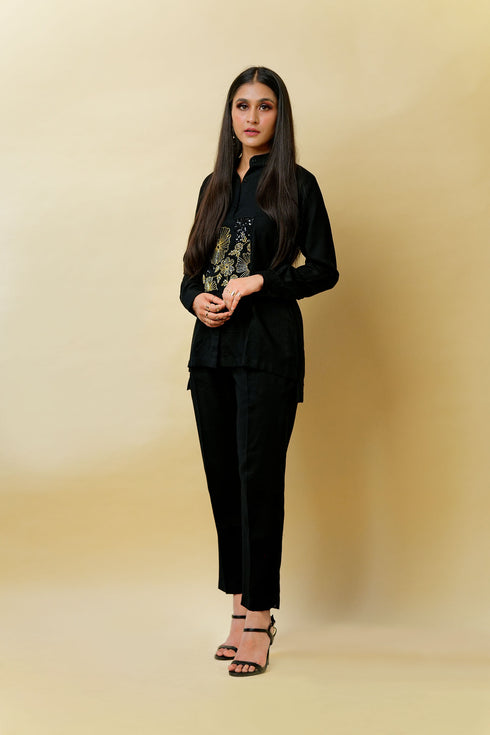 Flower Frame Hand Embroidered Linen Co-ord Set, Black