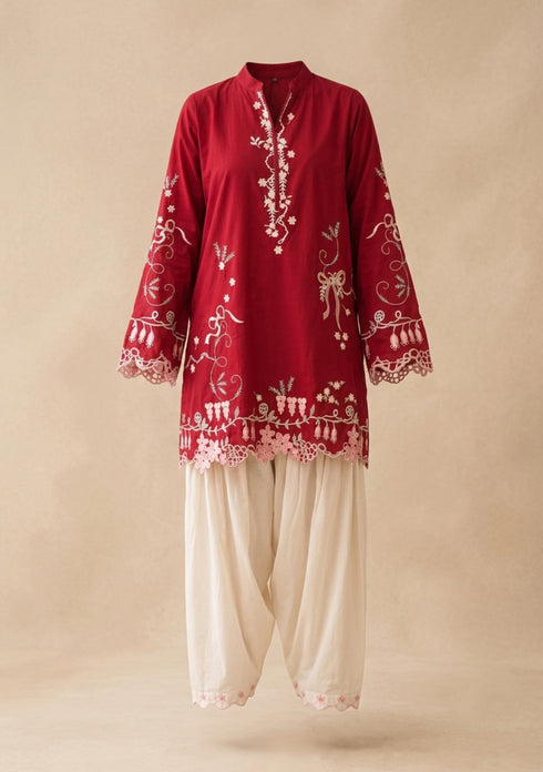 Crimson Floral Embroidered Kurta Set