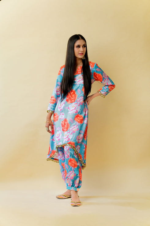 Bageecha Asymmetrical Kurta Set, Blue