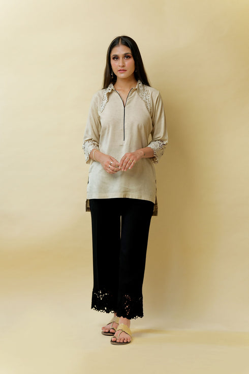 Organic Wing Collar Pure Linen Co-ord Set, Beige Black