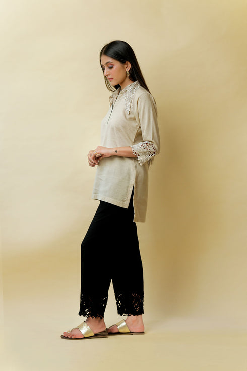 Organic Wing Collar Pure Linen Co-ord Set, Beige Black