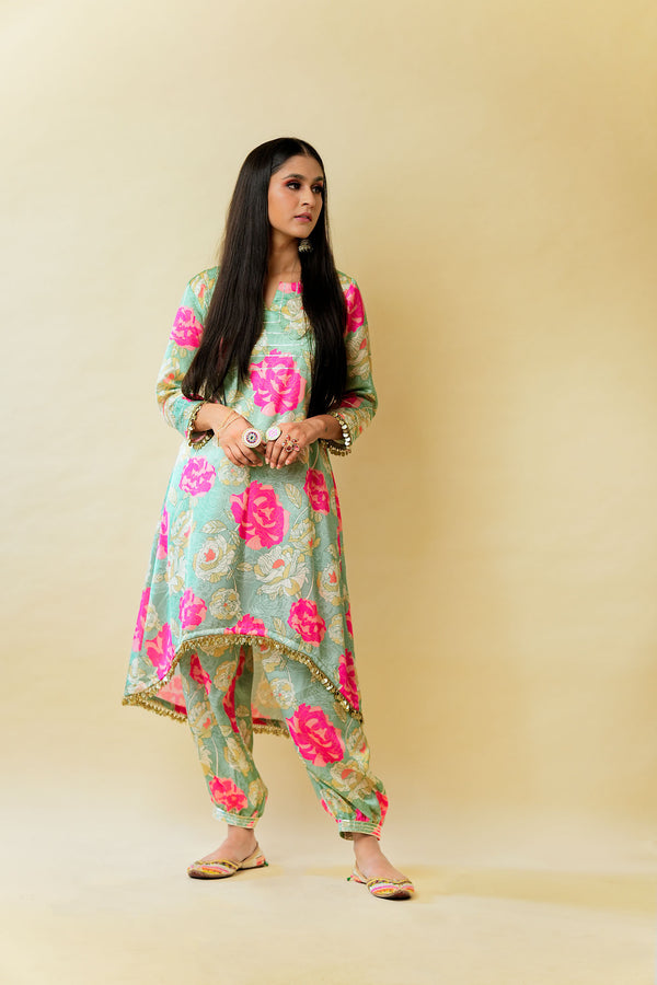 Bageecha Asymmetrical Kurta Set, Pistachio Green