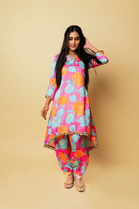 Bageecha Asymmetrical Kurta Set, Pink