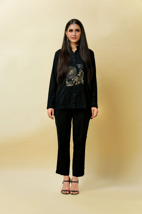 Flower Frame Hand Embroidered Linen Co-ord Set, Black