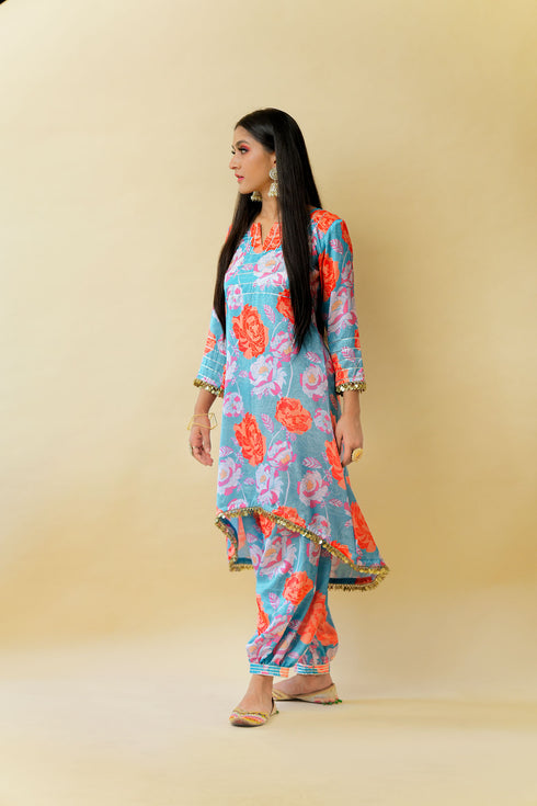 Bageecha Asymmetrical Kurta Set, Blue