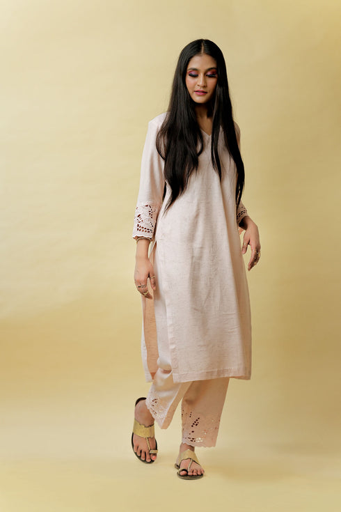 Organic Impearl Pure Linen Kurta Set, Pale Pink