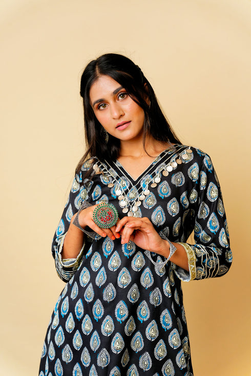 Ajrak Print High-Low Kurta Set