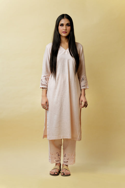 Organic Impearl Pure Linen Kurta Set, Pale Pink