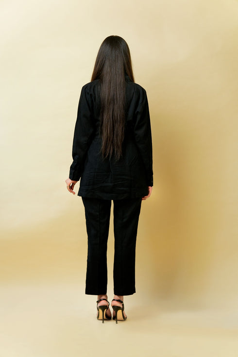 Flower Frame Hand Embroidered Linen Co-ord Set, Black