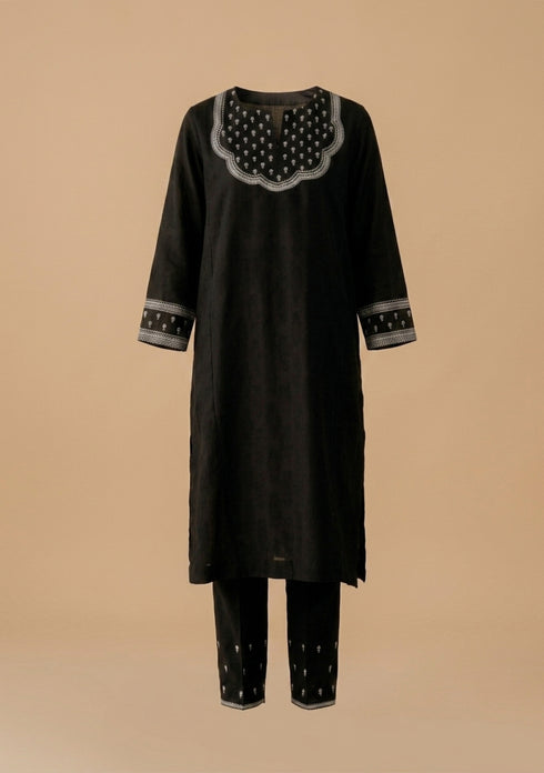 Black Scalloped Embroidered Yoke Kurta Set