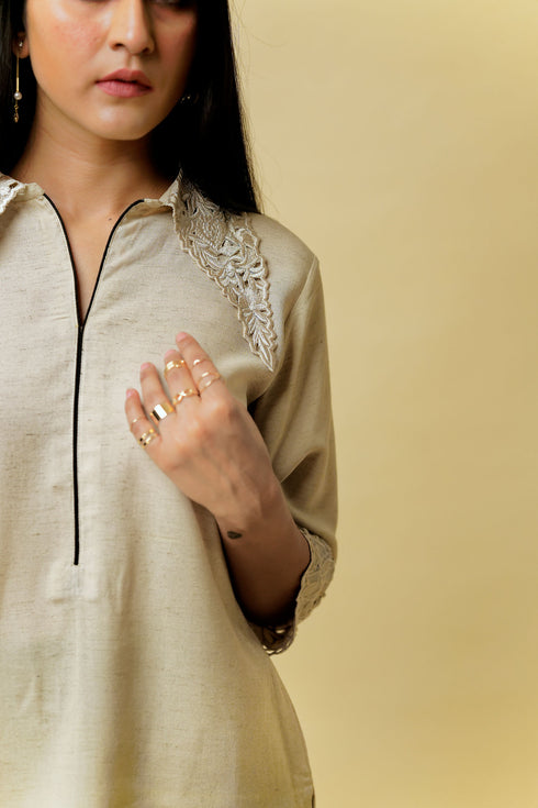 Organic Wing Collar Pure Linen Co-ord Set, Beige Black