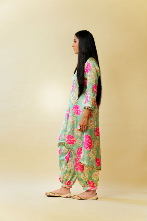 Bageecha Asymmetrical Kurta Set, Pistachio Green