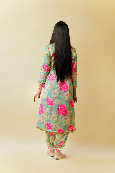 Bageecha Asymmetrical Kurta Set, Pistachio Green