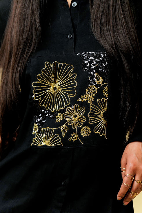 Flower Frame Hand Embroidered Linen Co-ord Set, Black