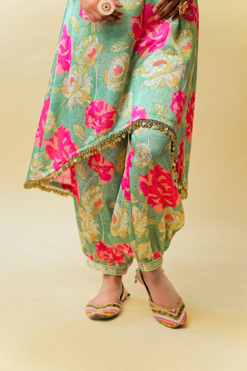 Bageecha Asymmetrical Kurta Set, Pistachio Green