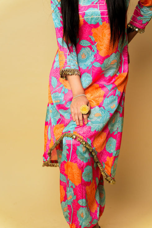 Bageecha Asymmetrical Kurta Set, Pink