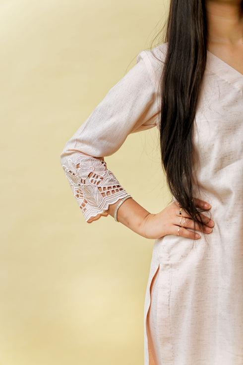 Organic Impearl Pure Linen Kurta Set, Pale Pink