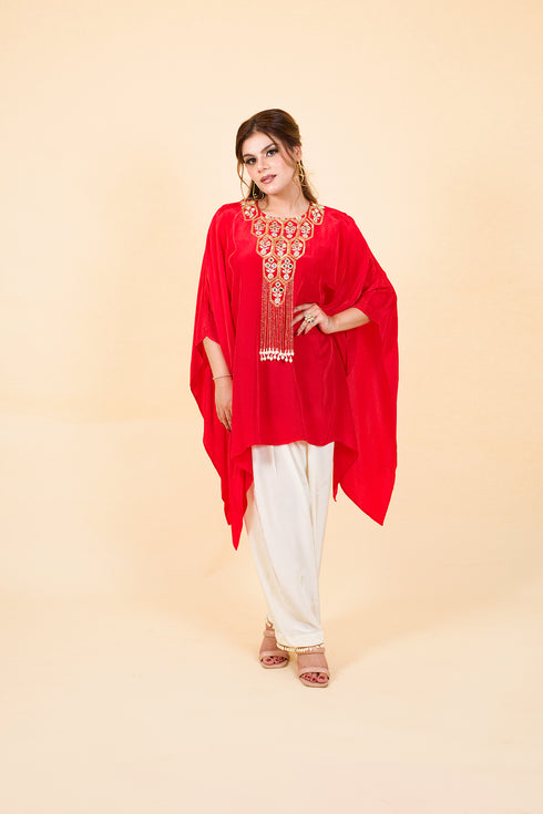 Drop Cut Drape Kaftan with Salwar, Red
